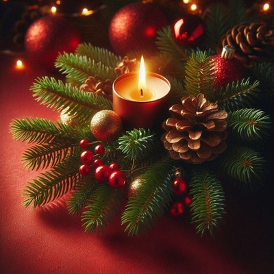 A lit candle sits in a festive christmas centerpiece