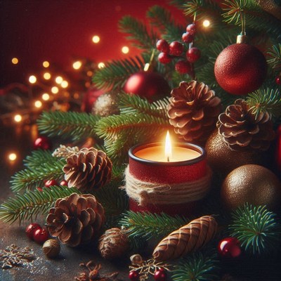 A candle rests among pine, pinecones, and ornaments