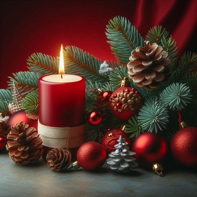 A lit red candle sits among pine branches and ornaments