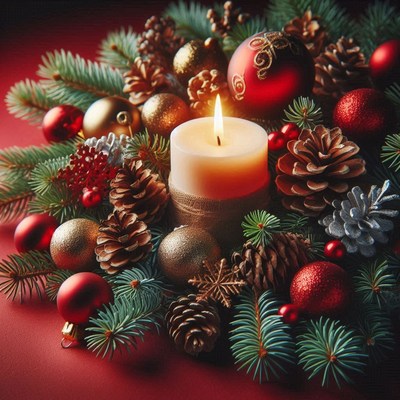 A lit candle sits in a christmas wreath