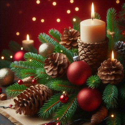 Christmas centerpiece with pine cones and candles