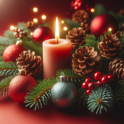 A lit candle surrounded by pine cones and ornaments