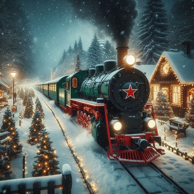 Snowy scene of a steam train at a station