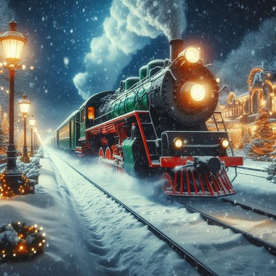 A train travels through a snowy town at night