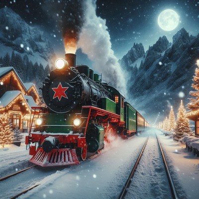 A steam engine train travels through a snowy mountain pass