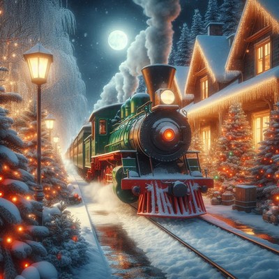 Steam train journeys through snowy night landscape