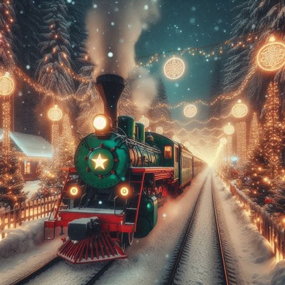 A train journeys through a snowy, festive forest