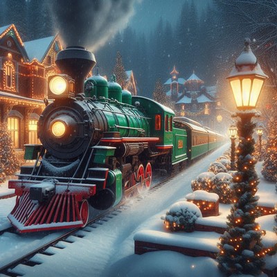 A green steam engine train pulls out of a snowy station