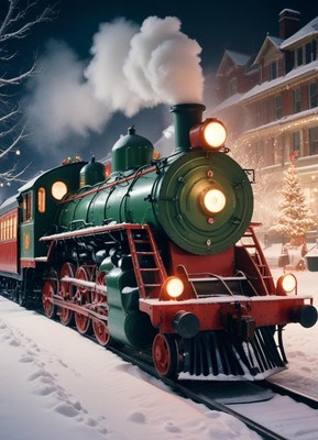 A steam engine train chugs through a snowy town at night