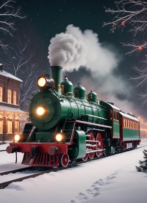 A green train passes through a snowy town at night