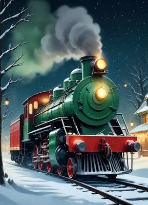 Green steam train in snowy winter landscape