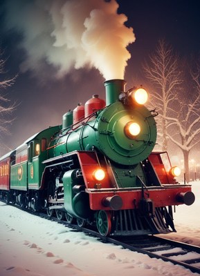 A green train steams through a snowy night