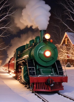 A green steam engine chugs through snow on a winter night