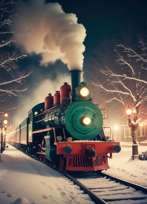 A steam engine train chugs through a snowy town at night