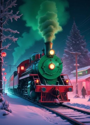 A steam train travels through a snowy town at night