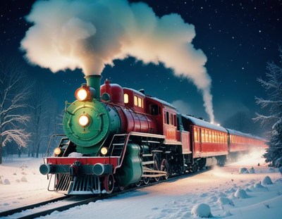A red steam train travels through a snowy landscape at night