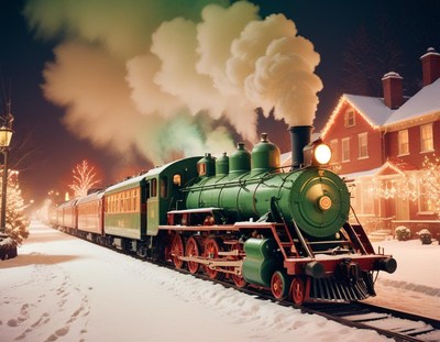 A steam train pulls into a snowy town at night