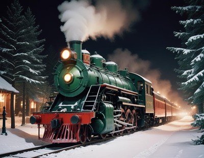 A steam engine train pulls out of a station at night