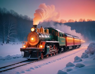 A steam train travels through a snowy landscape at dusk