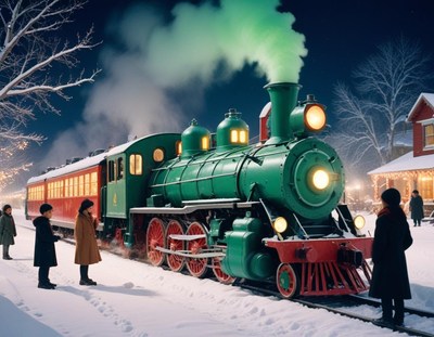 A green steam engine pulls into a snowy station at night