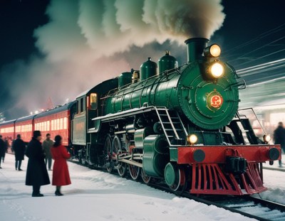 A green steam engine pulls into a snowy station at night