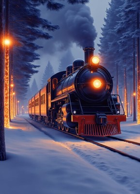 A steam train travels through a snowy forest at dusk