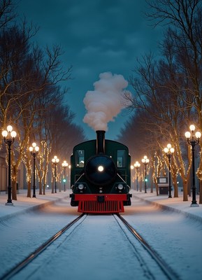 A steam train rolls through a snow-covered town at dusk
