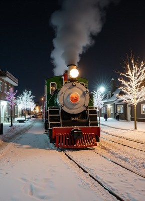 A steam engine rolls through a snowy town at night