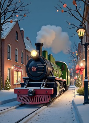 A steam train pulls into a snowy town at dusk