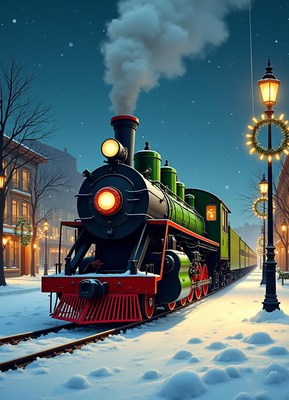 A steam engine train rolls through a snowy town at night