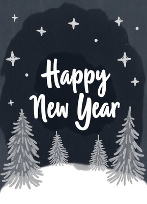 Happy new year with snowy trees and stars