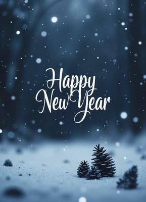 Happy new year with pine cones in the snow