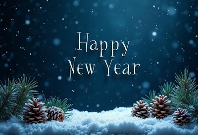 Happy new year with pine cones and snow