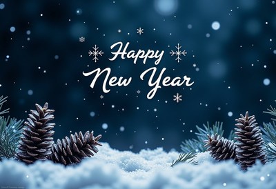 Happy new year with pine cones and snow