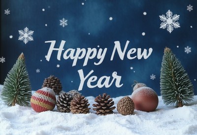 Happy new year greeting with pine cones and trees in snow