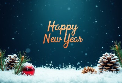 Happy new year with snow, pine cones, and a red ornament