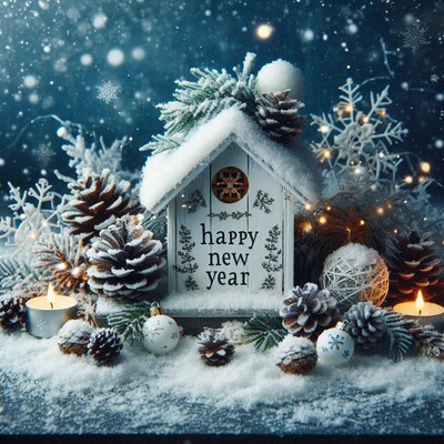 A small, snowy house is ready for the new year