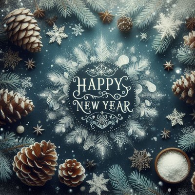 Happy new year with pine cones and snowflakes