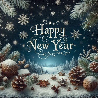 Happy new year with a snowy winter scene