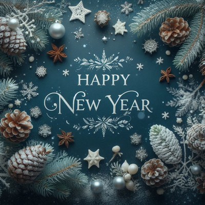 Happy new year message surrounded by festive winter decor