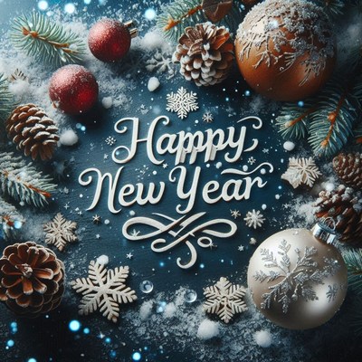 A snowy new year's greeting with pine cones and ornaments