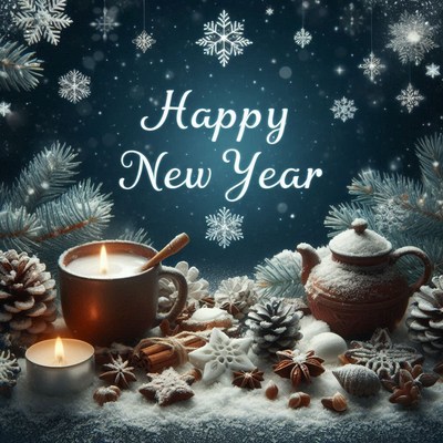 Happy new year with a warm candle and teapot