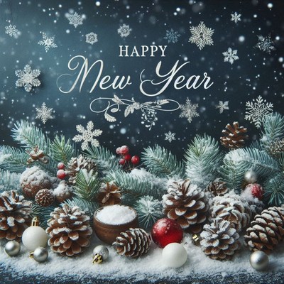 Happy new year with snowy pine branches