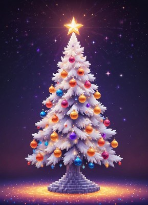 A bright white christmas tree shines under stars