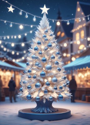 Snowy christmas tree with blue ornaments in market