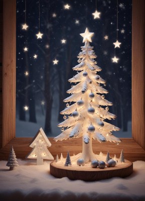 A snowy winter scene with a lit christmas tree