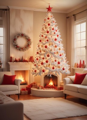 White christmas tree by the cozy fireplace