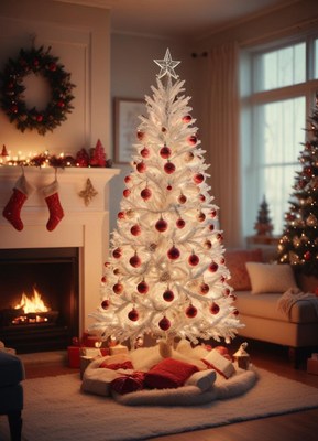 White tree with red ornaments and lights