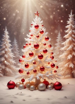 White christmas tree with red ornaments in snow