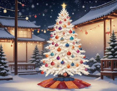 Snowy night in town, decorated christmas tree